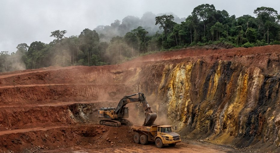 An excavator loading a haul truck at a red-earth open-pit working face, with forest beyond