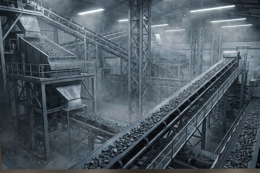 A processing plant with inclined conveyors and screen decks